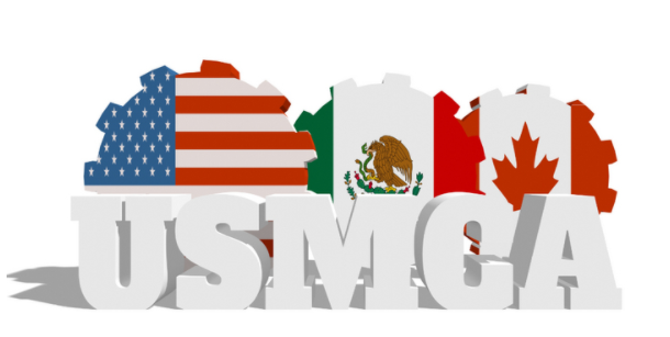 USMCA in front of gears with us flag, mexican flag, candaian flag